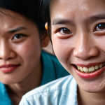 **

A close-up shot of a person's face, showing a forced smile. Their eyes reveal sadness or frustration. The background is blurred, suggesting a meeting or social gathering. The overall feeling is one of disconnect and unspoken emotions. Keywords: forced smile, unspoken emotions, disconnect, Vietnamese culture (suggesting appropriate clothing/setting).

**