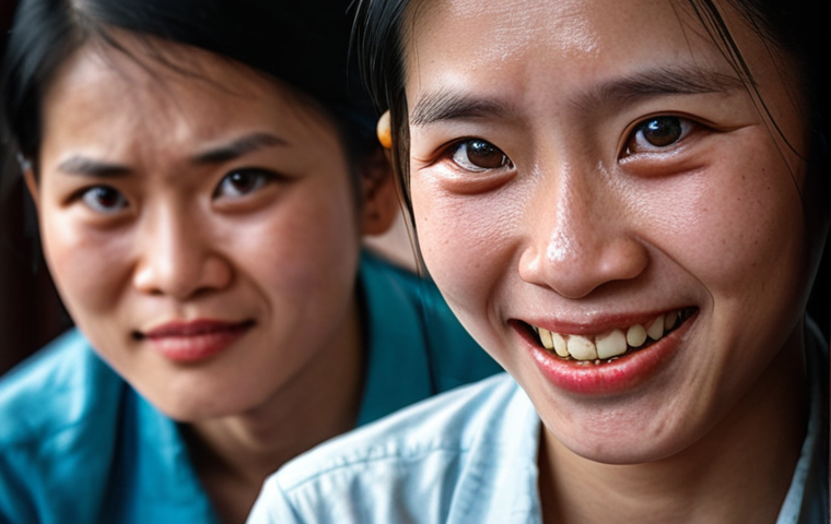 **
A close-up shot of a person's face, showing a forced smile. Their eyes reveal sadness or frustration. The background is blurred, suggesting a meeting or social gathering. The overall feeling is one of disconnect and unspoken emotions. Keywords: forced smile, unspoken emotions, disconnect, Vietnamese culture (suggesting appropriate clothing/setting).
**