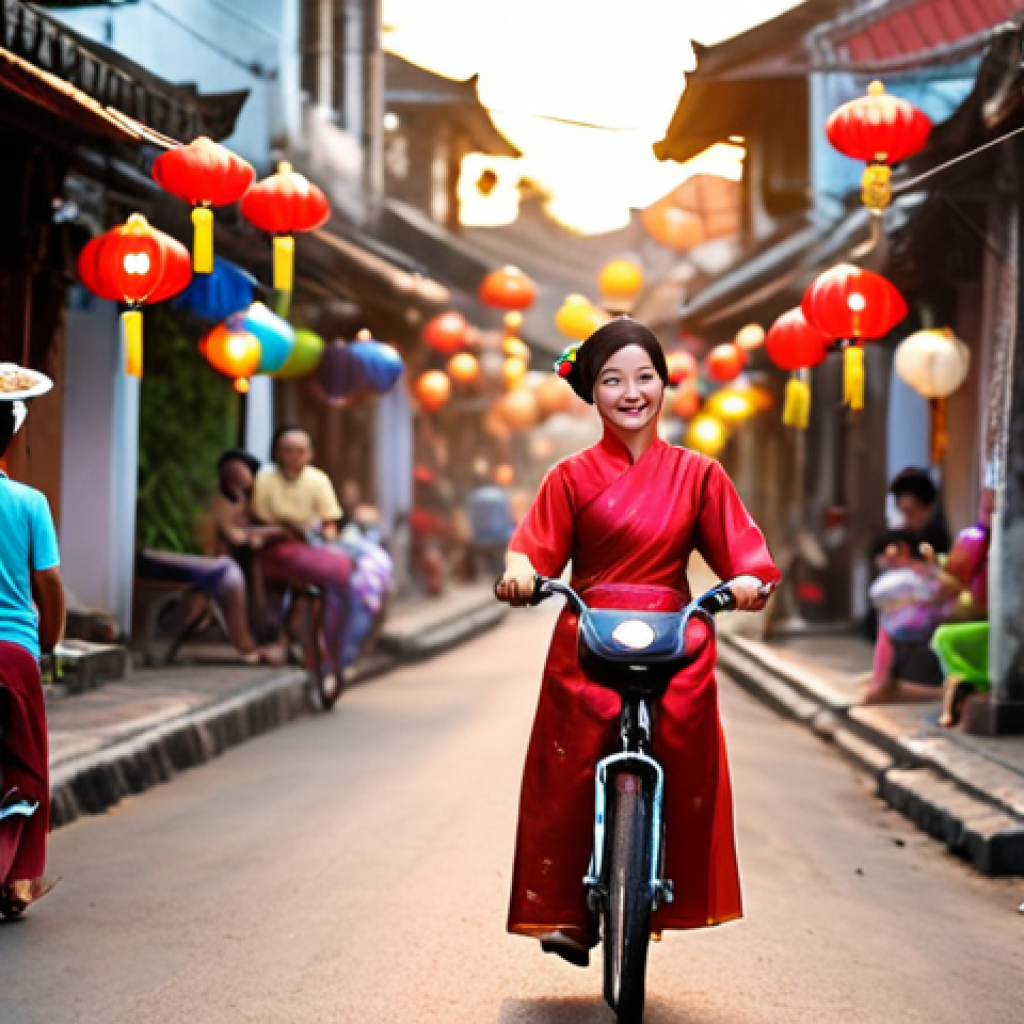 **A bustling Hoi An street at sunset, lanterns glowing warmly, a woman in a traditional Ao Dai smiles as she cycles past a street food vendor with delicious-looking Banh Mi, vibrant colours, shallow depth of field.**