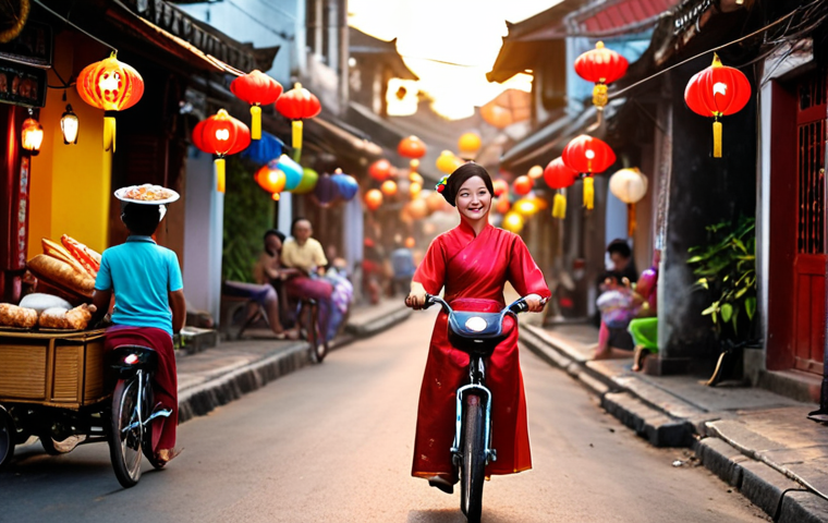 **A bustling Hoi An street at sunset, lanterns glowing warmly, a woman in a traditional Ao Dai smiles as she cycles past a street food vendor with delicious-looking Banh Mi, vibrant colours, shallow depth of field.**
