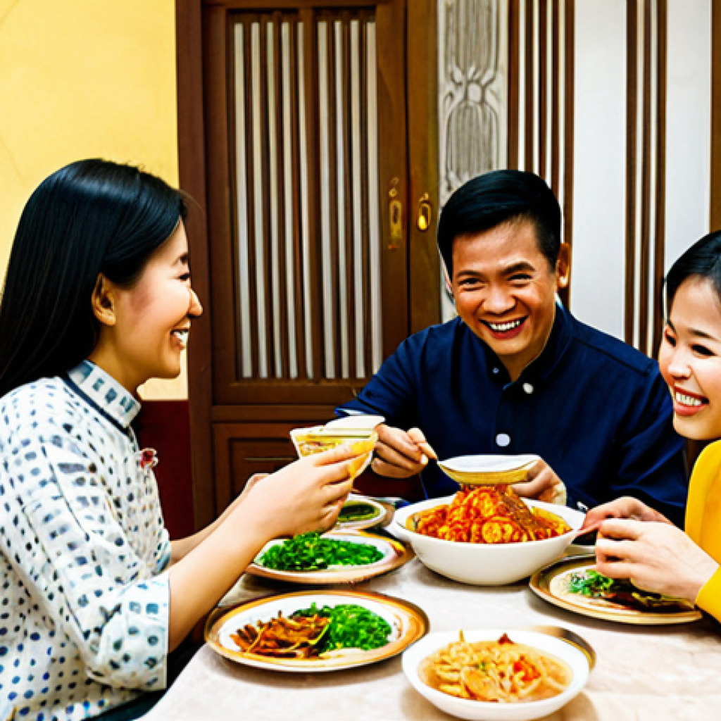**
"A Vietnamese family enjoying a traditional meal together at home, surrounded by Tet decorations. Everyone is smiling and interacting, fully clothed in áo dài. Warm, inviting atmosphere with good lighting. Safe for work, appropriate content, family-friendly, professional photo, perfect anatomy, natural proportions."
**