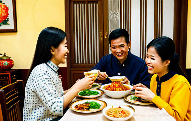 **
"A Vietnamese family enjoying a traditional meal together at home, surrounded by Tet decorations. Everyone is smiling and interacting, fully clothed in áo dài. Warm, inviting atmosphere with good lighting. Safe for work, appropriate content, family-friendly, professional photo, perfect anatomy, natural proportions."
**