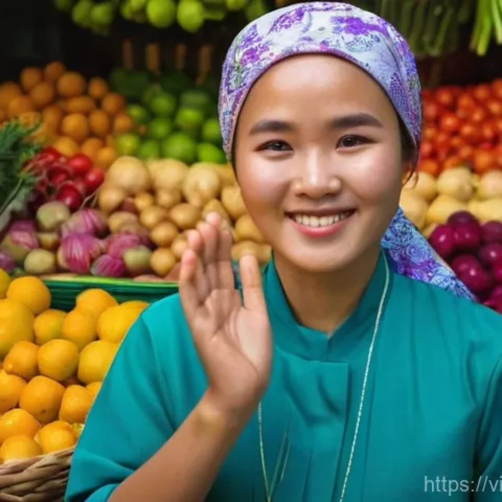 상황 이해를 통한 커뮤니케이션 효율성 향상 - **Prompt: "A vibrant indoor Vietnamese market scene at golden hour. A young Vietnamese woman in her ...