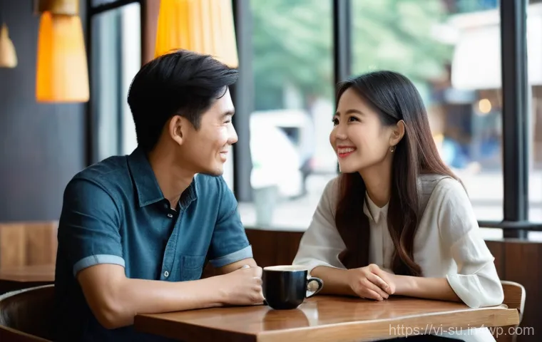 상황별 커뮤니케이션의 개선 방안 - **Prompt 1: Sincere Listening in a Modern Cafe**
A contemporary, candid photo of two Vietnamese ...