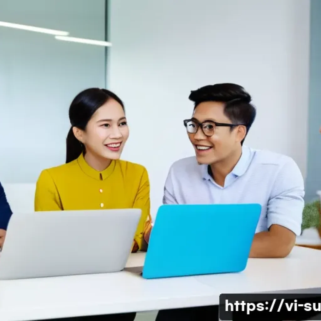 상황별 커뮤니케이션의 성과 분석 - A diverse office meeting scene in a modern Vietnamese workplace, showing a multicultural team with b...