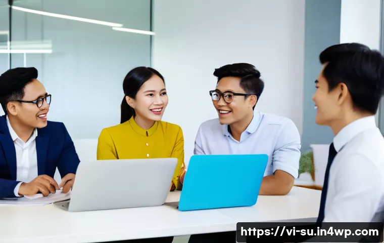 상황별 커뮤니케이션의 성과 분석 - A diverse office meeting scene in a modern Vietnamese workplace, showing a multicultural team with b...