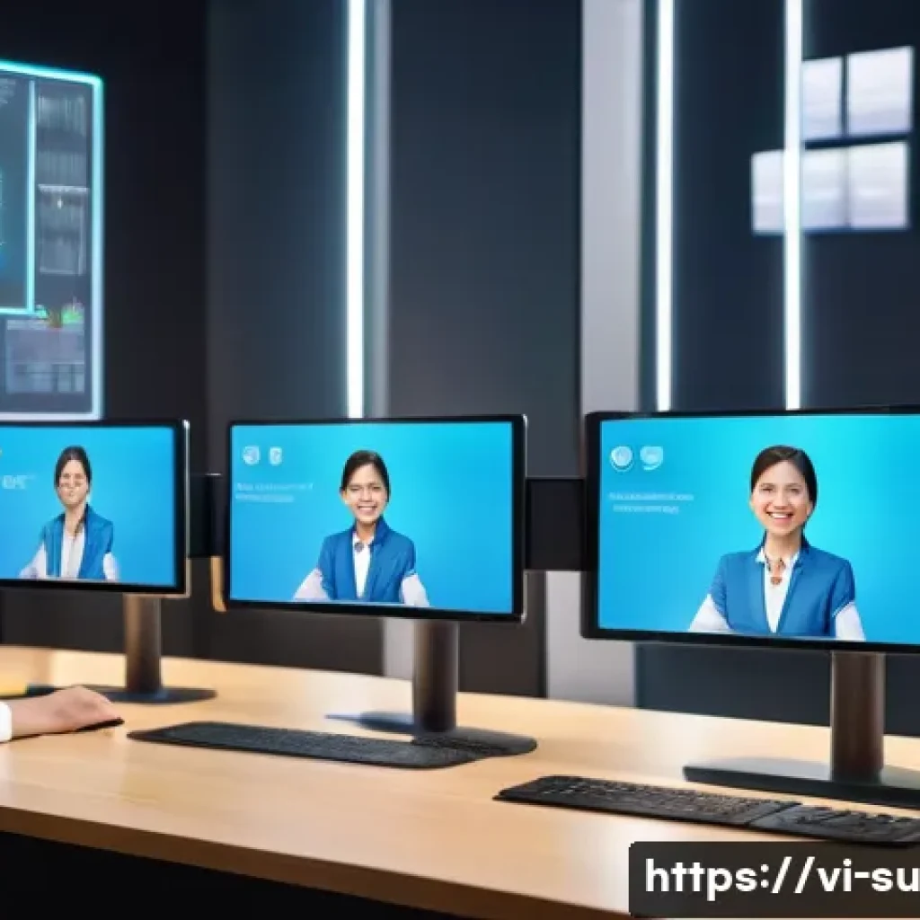 상황 맥락화 커뮤니케이션의 미래 - A modern Vietnamese customer service center scene featuring a young female chatbot operator interact...