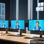 Home 22 상황 맥락화 커뮤니케이션의 미래 - A modern Vietnamese customer service center scene featuring a young female chatbot operator interact...