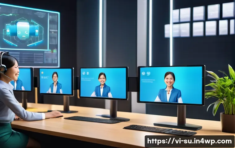 상황 맥락화 커뮤니케이션의 미래 - A modern Vietnamese customer service center scene featuring a young female chatbot operator interact...