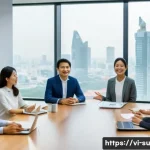 Home 21 상황 분석을 통한 커뮤니케이션 최적화 - A professional multicultural business meeting scene in a modern Vietnamese office, showing diverse c...