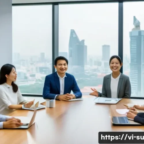 Home 33 상황 분석을 통한 커뮤니케이션 최적화 - A professional multicultural business meeting scene in a modern Vietnamese office, showing diverse c...