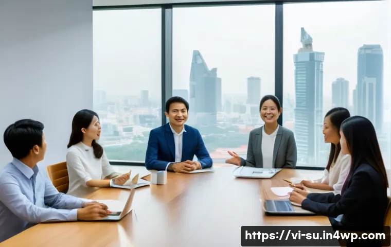 상황 분석을 통한 커뮤니케이션 최적화 - A professional multicultural business meeting scene in a modern Vietnamese office, showing diverse c...