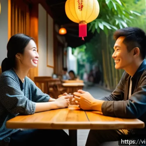 Home 30 상황 맥락화 커뮤니케이션 기법 - A warm, inviting Vietnamese café scene during the daytime, featuring two adults engaged in a friendl...