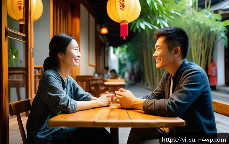 상황 맥락화 커뮤니케이션 기법 - A warm, inviting Vietnamese café scene during the daytime, featuring two adults engaged in a friendl...