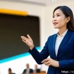 Home 23 상황에 따른 대중 커뮤니케이션의 접근법 - A confident Vietnamese woman in professional business attire giving a public speech on a modern stag...