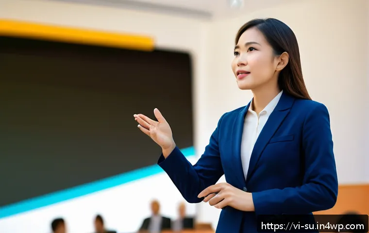 상황에 따른 대중 커뮤니케이션의 접근법 - A confident Vietnamese woman in professional business attire giving a public speech on a modern stag...